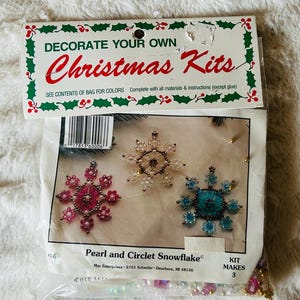 Vintage 3 Christmas Beaded Snowflake Ornaments Pink Aqua Blue White Do It Yourself Decorations Kit